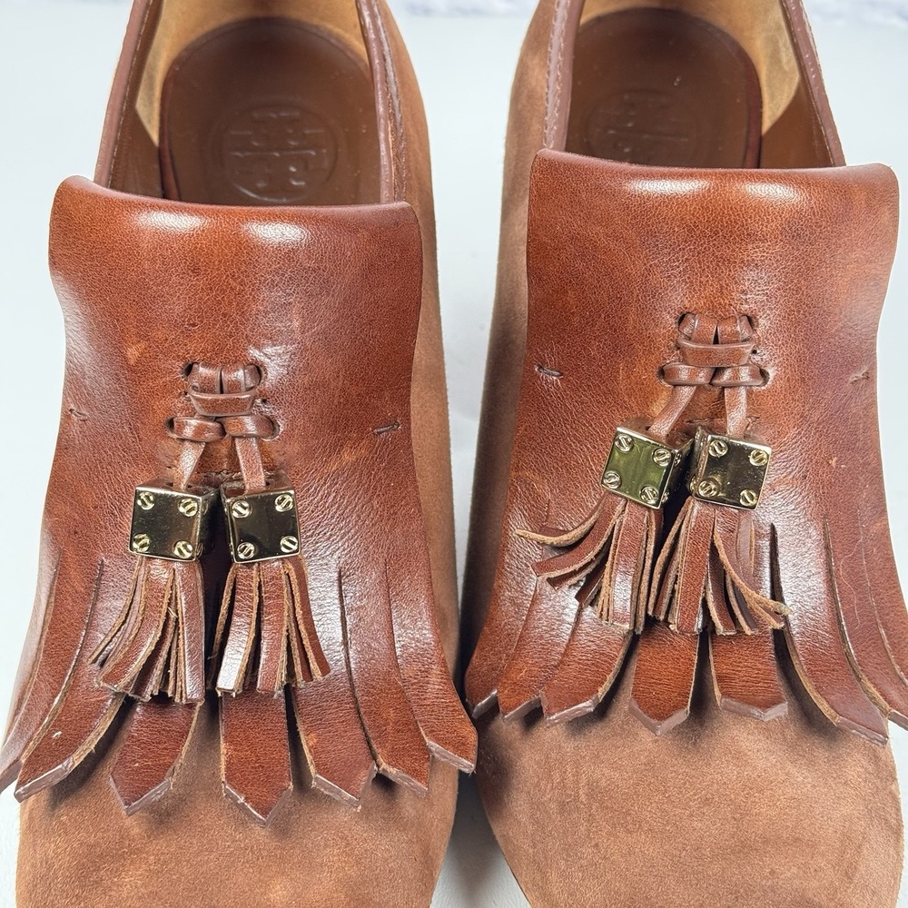 Tory Burch Arelia Brown Suede Leather Kiltie Pump Stacked Heels Tassels Sz 9.5 M - Picture 12 of 13
